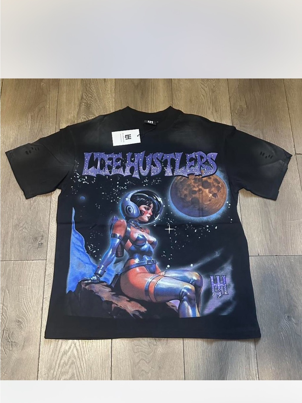 Life Hustlers Graphic Tee - Black with Purple & Blue Space Design
